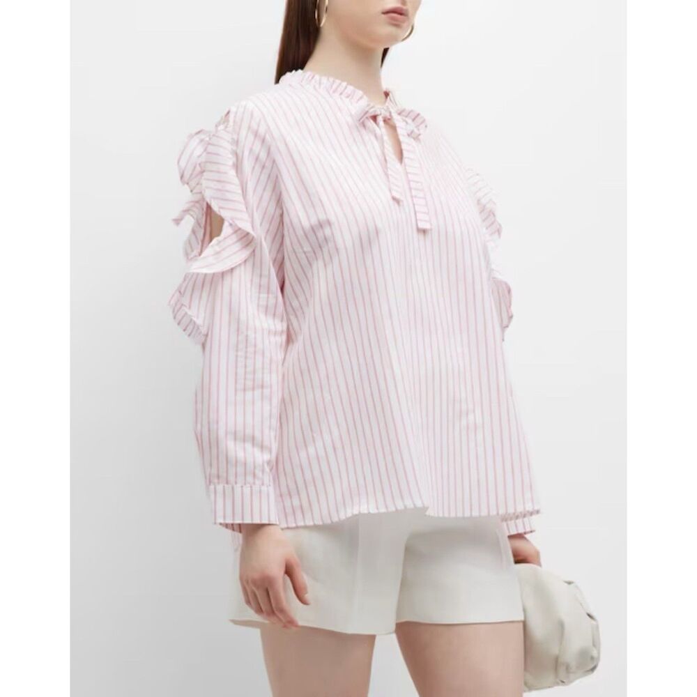 Harshman LA Womens Indre Blouse Size L White Pink Stripe Cotton Linen Ruffle NWT